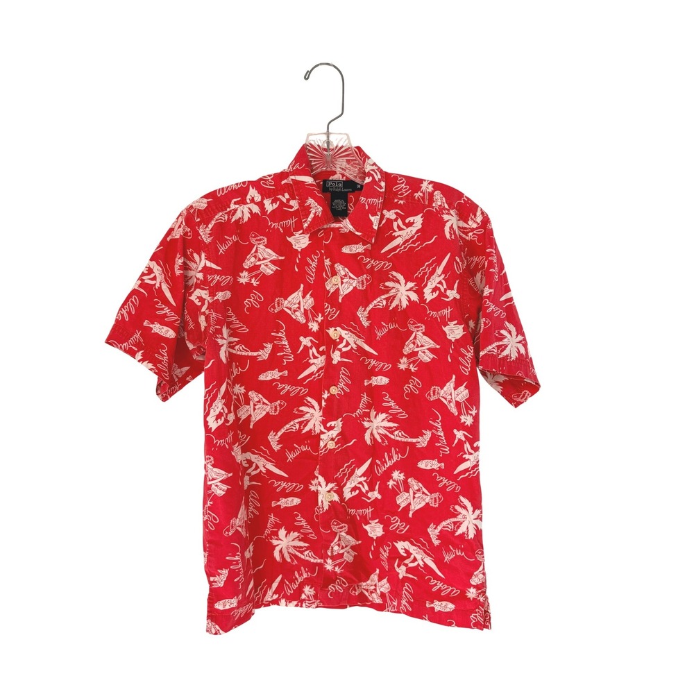 Polo Ralph Lauren Hawaiian Button Up Shirt Boys Red Short Sleeve Vacation Medium
